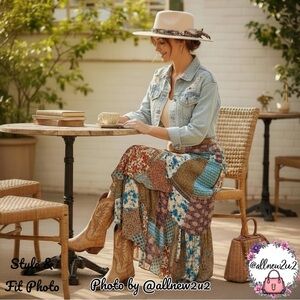 Kori Patchwork Hi-Low Maxi Festival Western Cowgirl Skirt Sz M